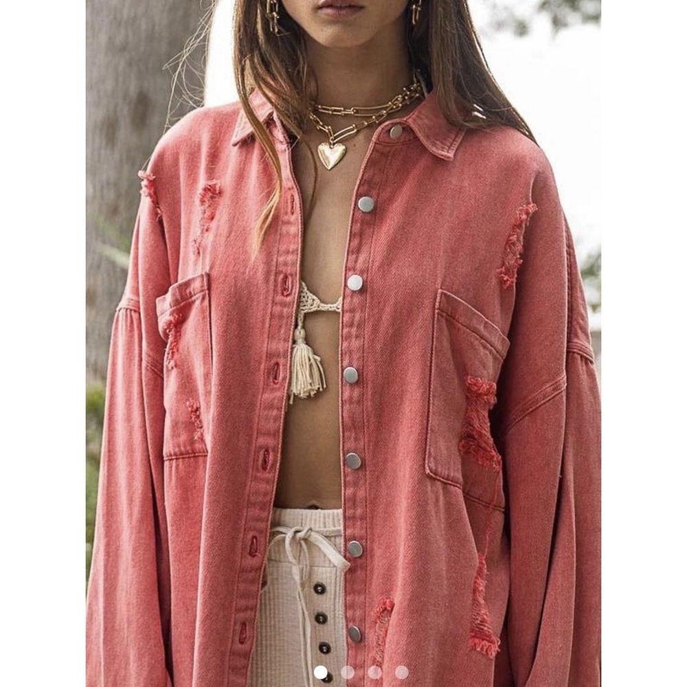 Anthropologie POL Shacket Women's L Pink Oversized Denim Distressed Boho Relaxed